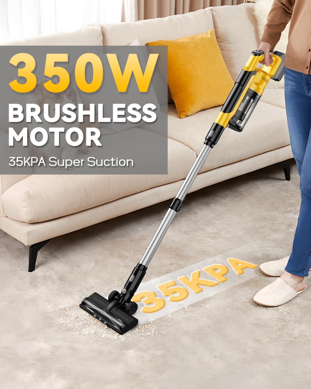 350W Cordless Vacuum Cleaner for Dewalt Battery, 35kPa Brushless Lightweight Stick Vacuum with 3 Mode Suction, 6 in 1 Stick Vacuum Cleaner with HEPA for Floor, Carpet, Car (Battery Not Included)