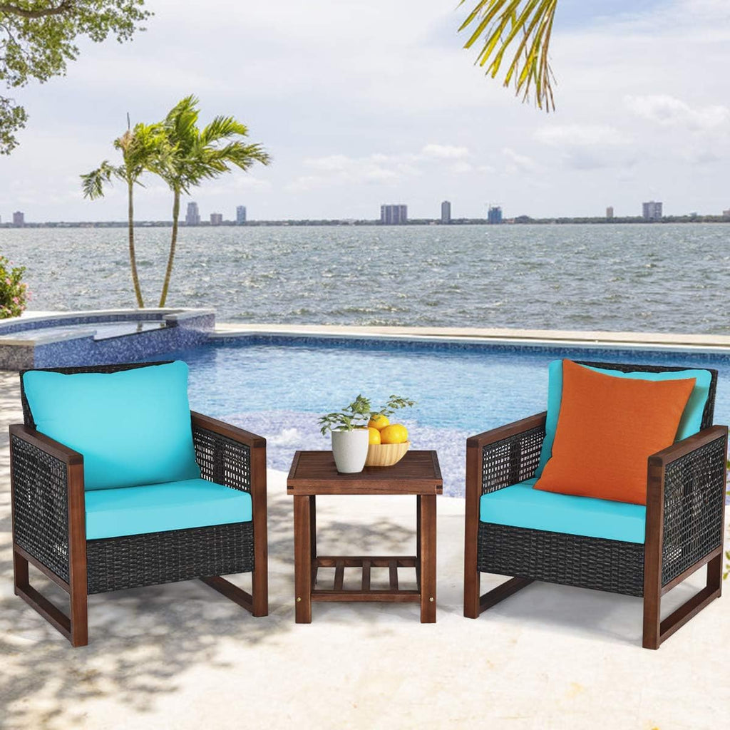 Tangkula 3 Pieces Patio Wicker Furniture Set, Rattan Outdoor Sofa Set w/Washable Cushion & Acacia Wood Coffee Table, Conversation Bistro Set for Garden Balcony Backyard (Turquoise)