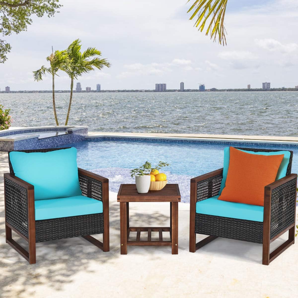 Tangkula 3 Pieces Patio Wicker Furniture Set, Rattan Outdoor Sofa Set w/Washable Cushion & Acacia Wood Coffee Table, Conversation Bistro Set for Garden Balcony Backyard (Turquoise)