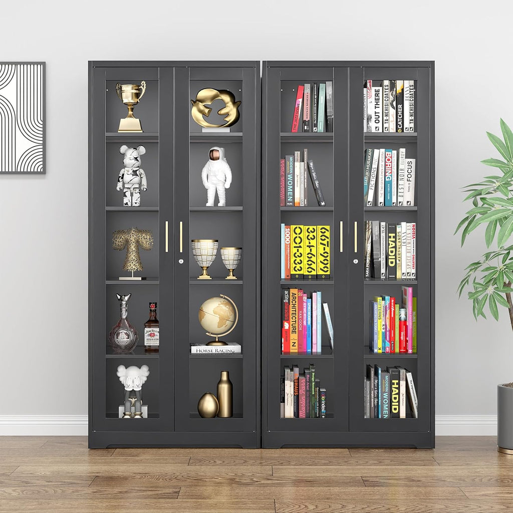 Polup Glass Display Cabinet with Lock, Metal Curio Cabinet with Tempered Glass Doors & Adjustable Shelves, Heavy-Duty China Cabinets for Living Room, School, Commercial, Black, Assembly Required