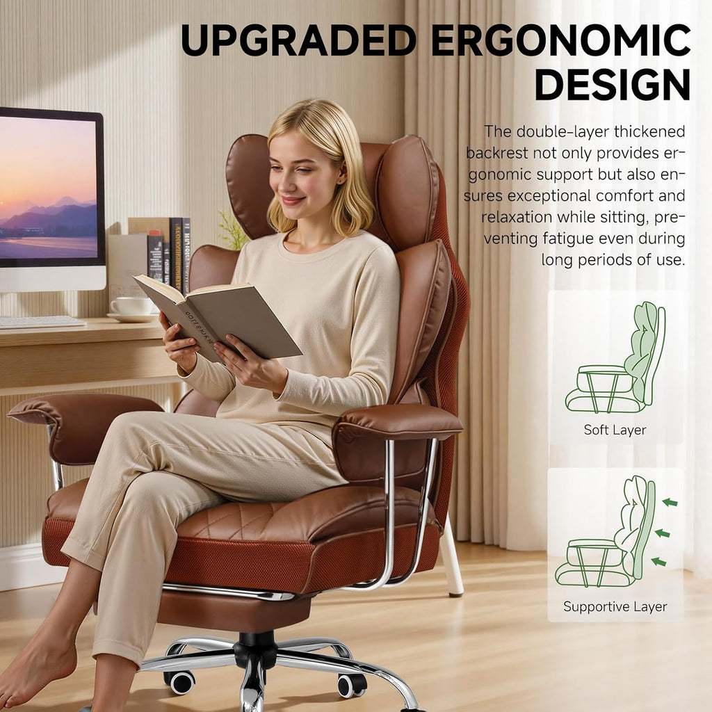 COMHOMA Big and Tall Office Chair, High Back Leather Gaming Chair with Footrest, Executive Ergonomic Office Chairs with Pocket Spring Lumbar Support and with Outward Fixed Soft Armrests