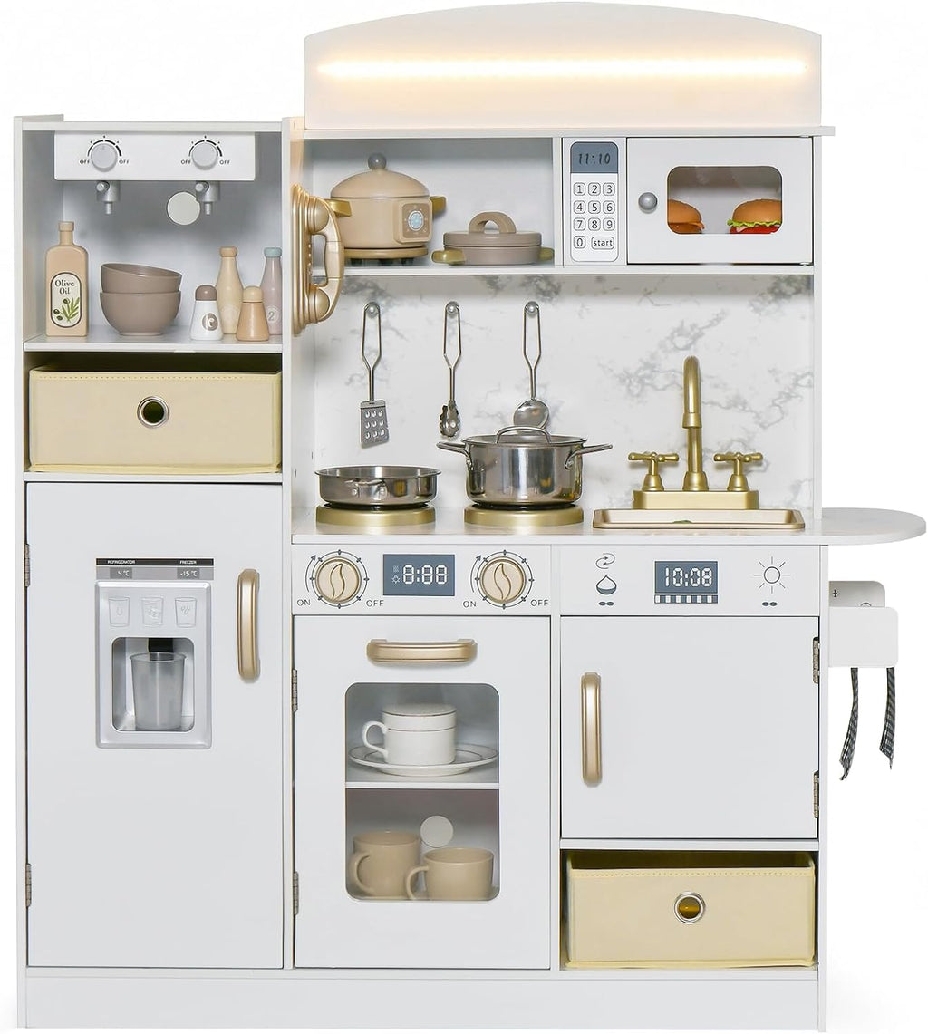 INFANS Kids Kitchen Playset with Lights, Toddler Wooden Pretend Cooking Set with Coffee Maker Ice Maker Stove Sink Microwave 2 Storage Bins, Simulation Play Kitchen Toy for Children Boys Girls