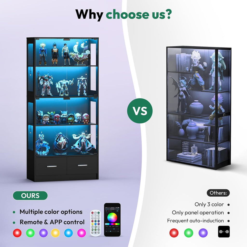 Lamtor 67-inch Glass Display Cabinet – Curio Cabinet with RGB LED Lights, 2 Drawers & Anti-Tip Design for Collectibles, Figures, Living Room | Black