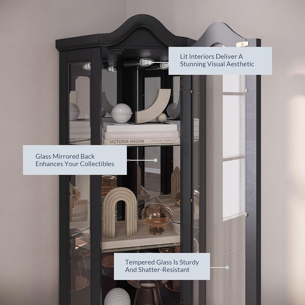 BELLEZE Lighted 3-Side Glass Display Curio Cabinet w/Tempered Glass Doors and Shelves, Curved Wood Corner Cabinet with Bulb, Corner Storage Rack for Living Room and Kitchen (Black)