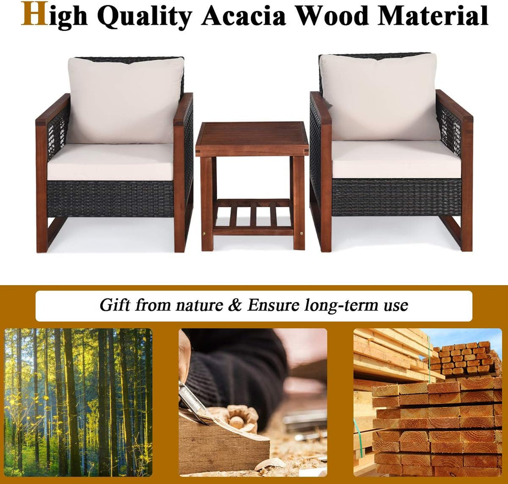 Tangkula 3 Pieces Patio Wicker Furniture Set, Rattan Outdoor Sofa Set w/Washable Cushion & Acacia Wood Coffee Table, Conversation Bistro Set for Garden Balcony Backyard (Beige)