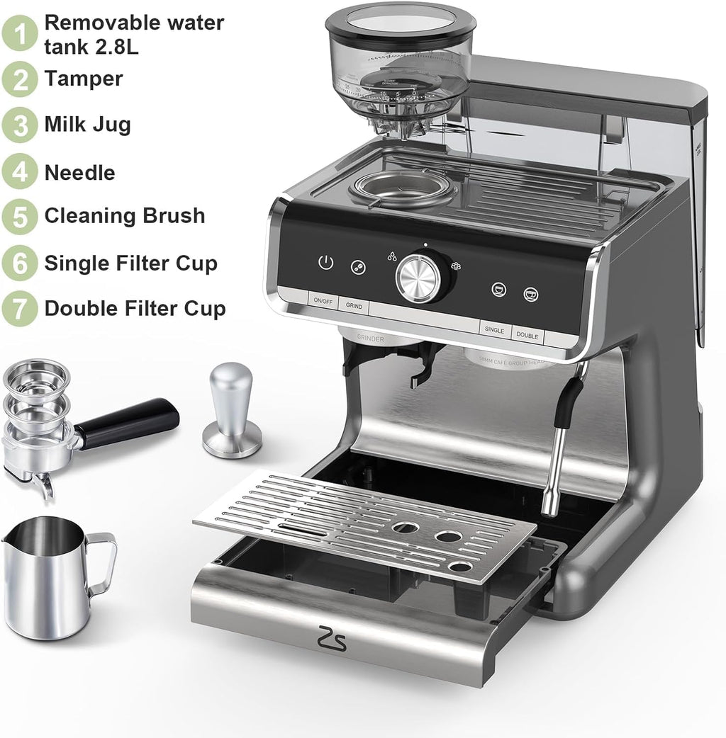 20 Bar Semi-Automatic Espresso Machine with Built-In Coffee Grinder and Milk Frother, Home Barista Coffee Maker for Cappuccino Latte Macchiato, Ideal Gift for Mom and Dad