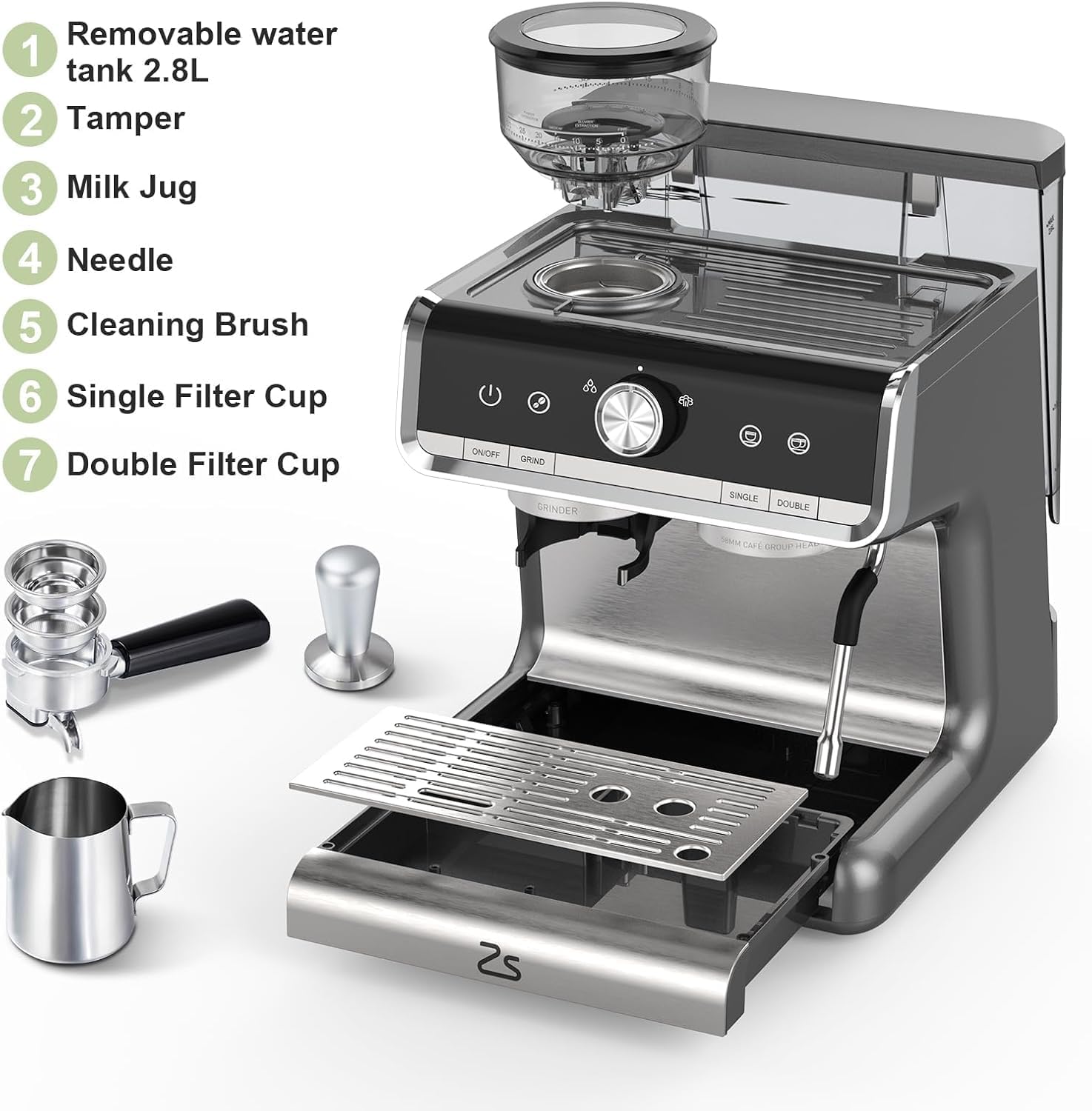 20 Bar Semi-Automatic Espresso Machine with Built-In Coffee Grinder and Milk Frother, Home Barista Coffee Maker for Cappuccino Latte Macchiato, Ideal Gift for Mom and Dad