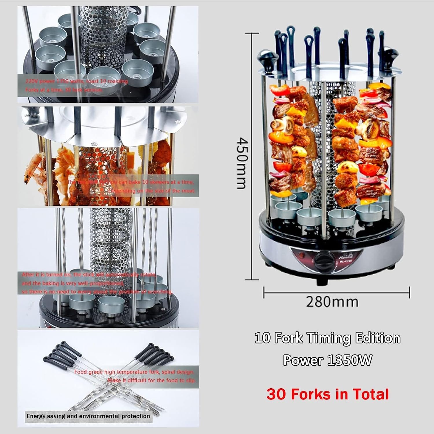 Electric BBQ Smokeless Grill Indoor - Vertical Barbecue Grill, Includes Skewers, Machine Rotisserie Grill for Home- Broiling Meat Layers, Shashlik, Gyros, Sausages, Poultry