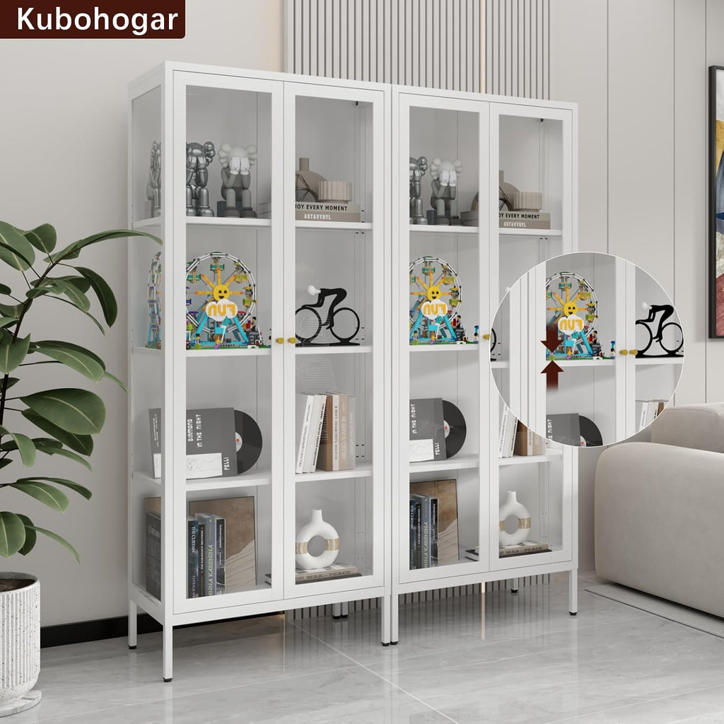 Display Cabinet with Glass Doors, 66' Curio Cabinet with 3 Ajustable Shelves, 4 Tier Display Case for Collectibles, Bookcase with Doors for Living Room