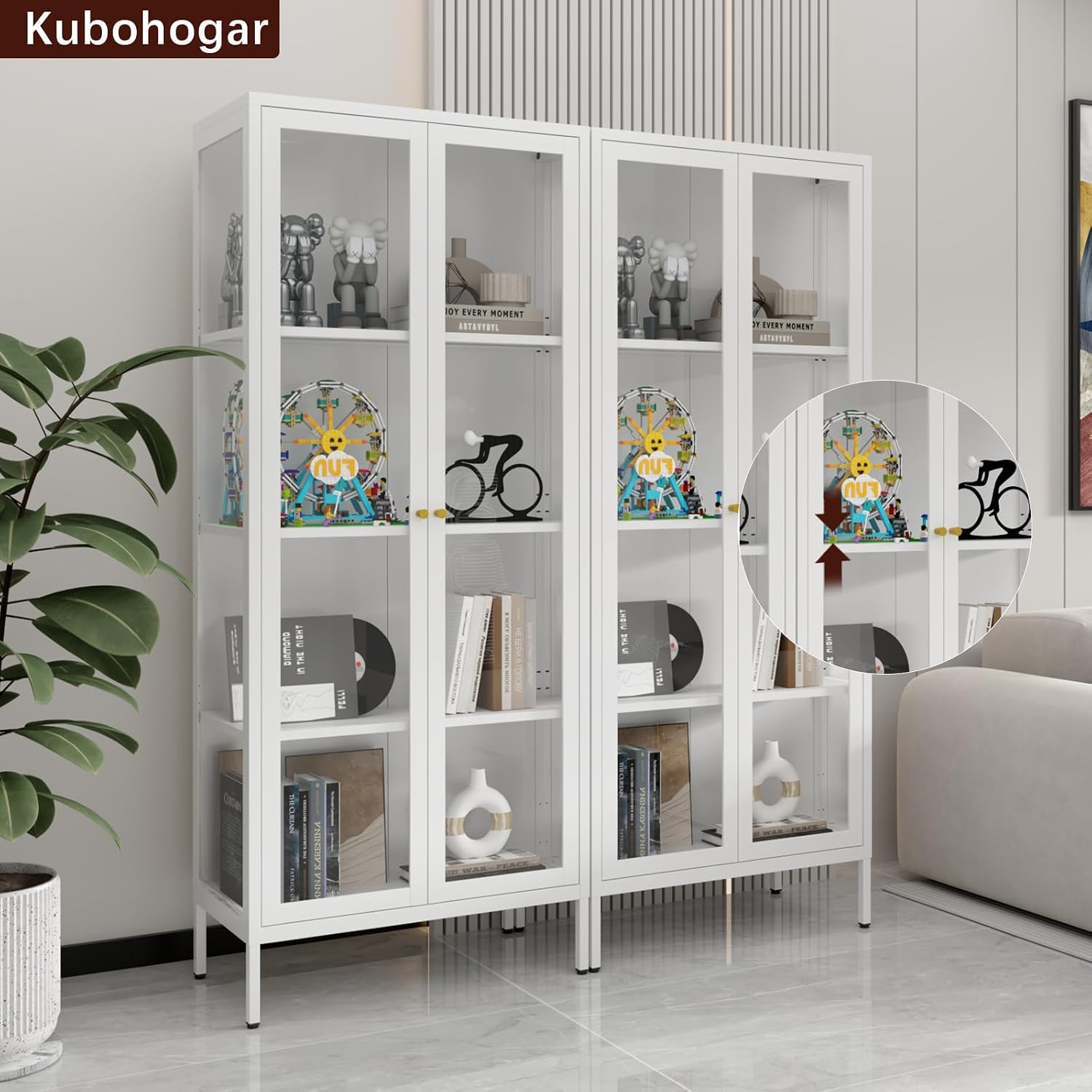 Display Cabinet with Glass Doors, 66' Curio Cabinet with 3 Color Lights, 4 Tier Display Case for Collectibles, Bookcase with Doors for Living Room