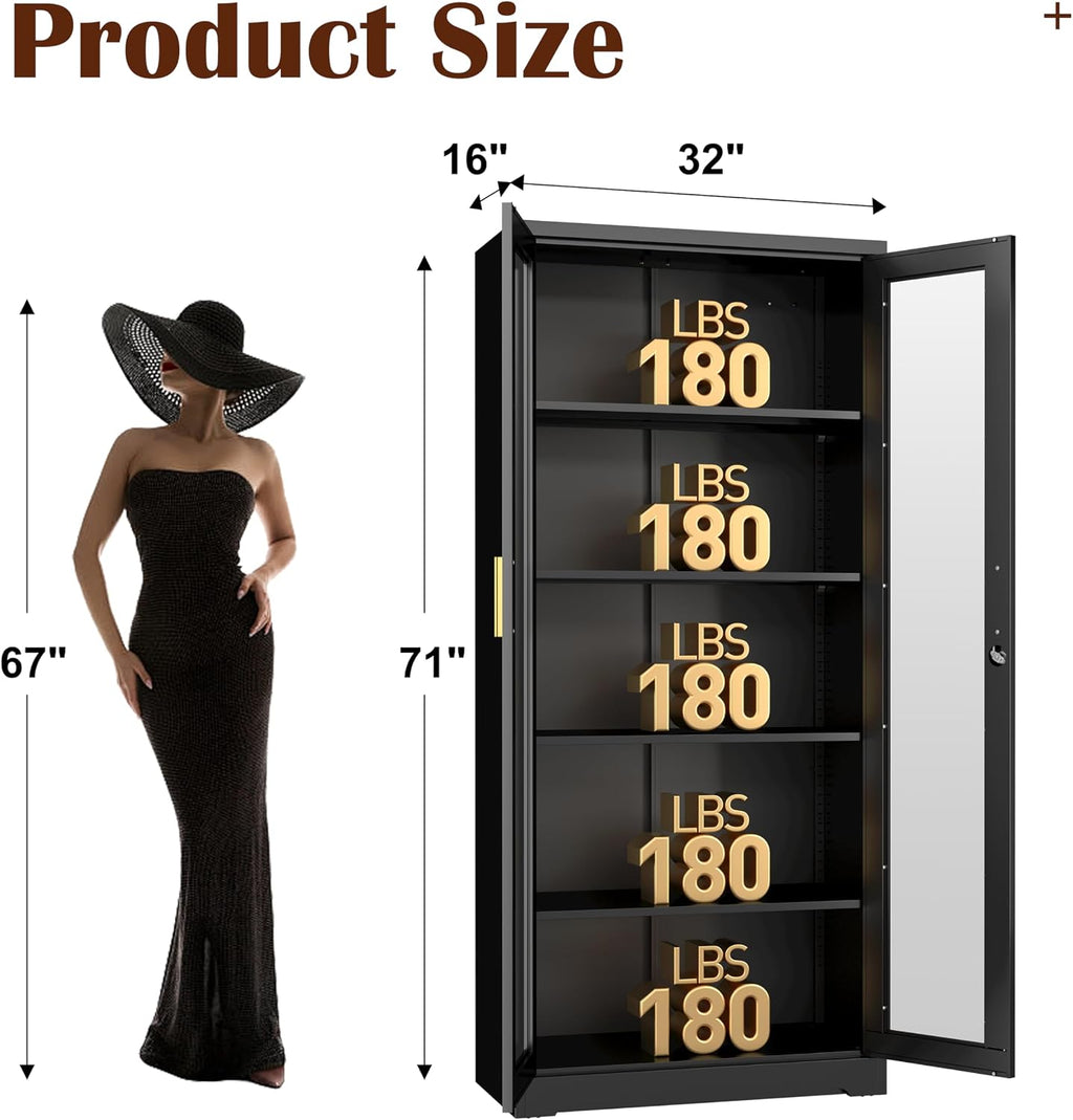 SteeLoong 71' Glass Display Cabinet with Lock,Curio Cabinet with Glass Doors, Metal Display Case with 4 Adjustable Shelves, Black Bookcase Locking Storage Cabinets for,Liquor,Commercial