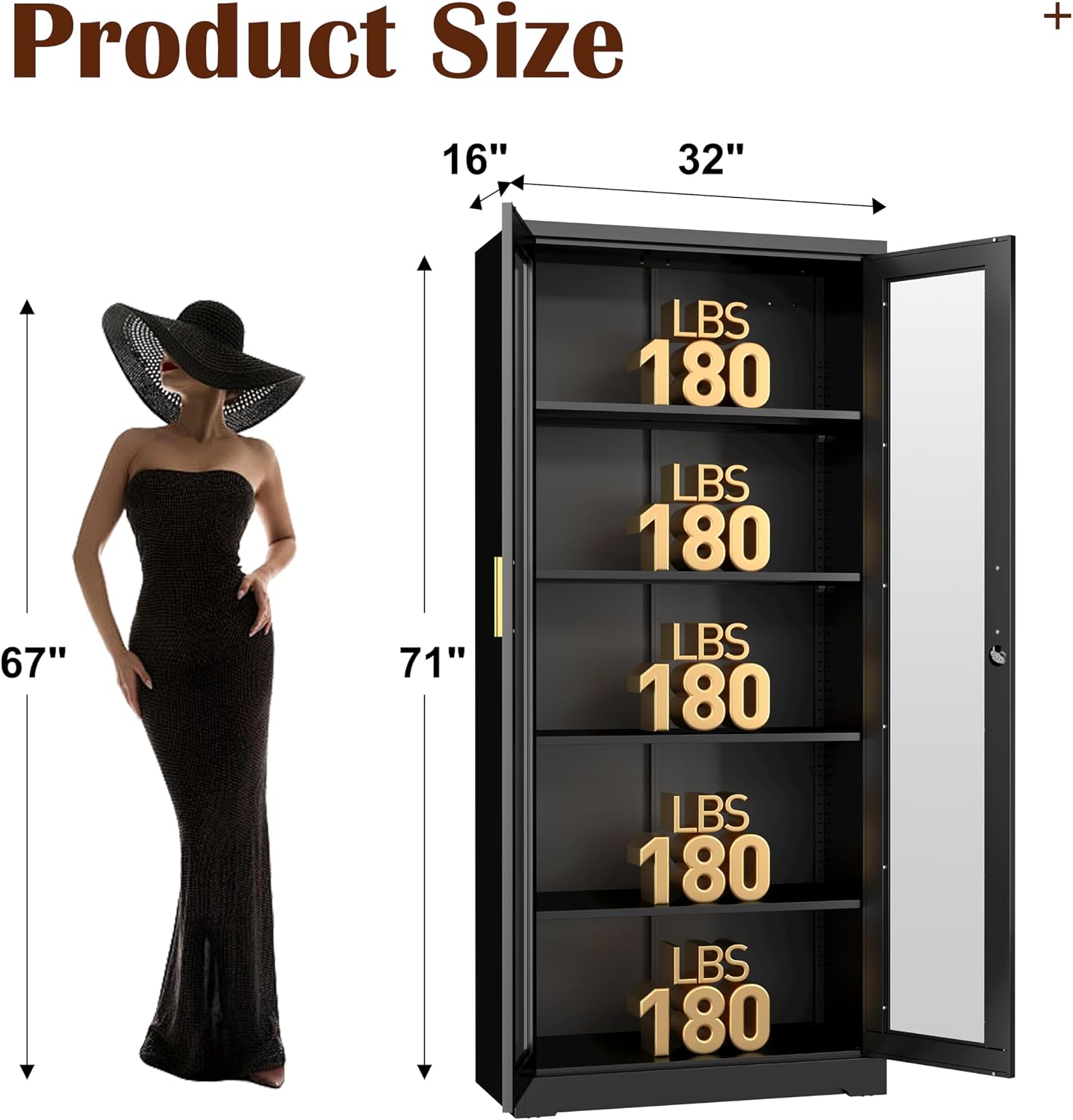SteeLoong 71' Glass Display Cabinet with Lock,Curio Cabinet with Glass Doors, Metal Display Case with 4 Adjustable Shelves, Black Bookcase Locking Storage Cabinets for,Liquor,Commercial