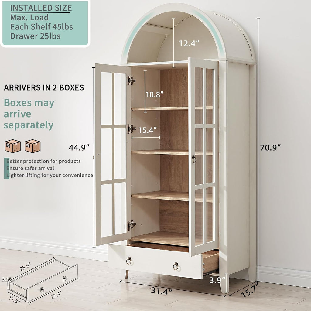 RowyPoey Farmhouse Arched Cabinet with Glass Doors, Wood Display Cabinet with Drawer and Adjustable Shelves, 71' Tall Bookshelf Modern Storage Kitchen Pantry for Living Room,Office (Antique White)