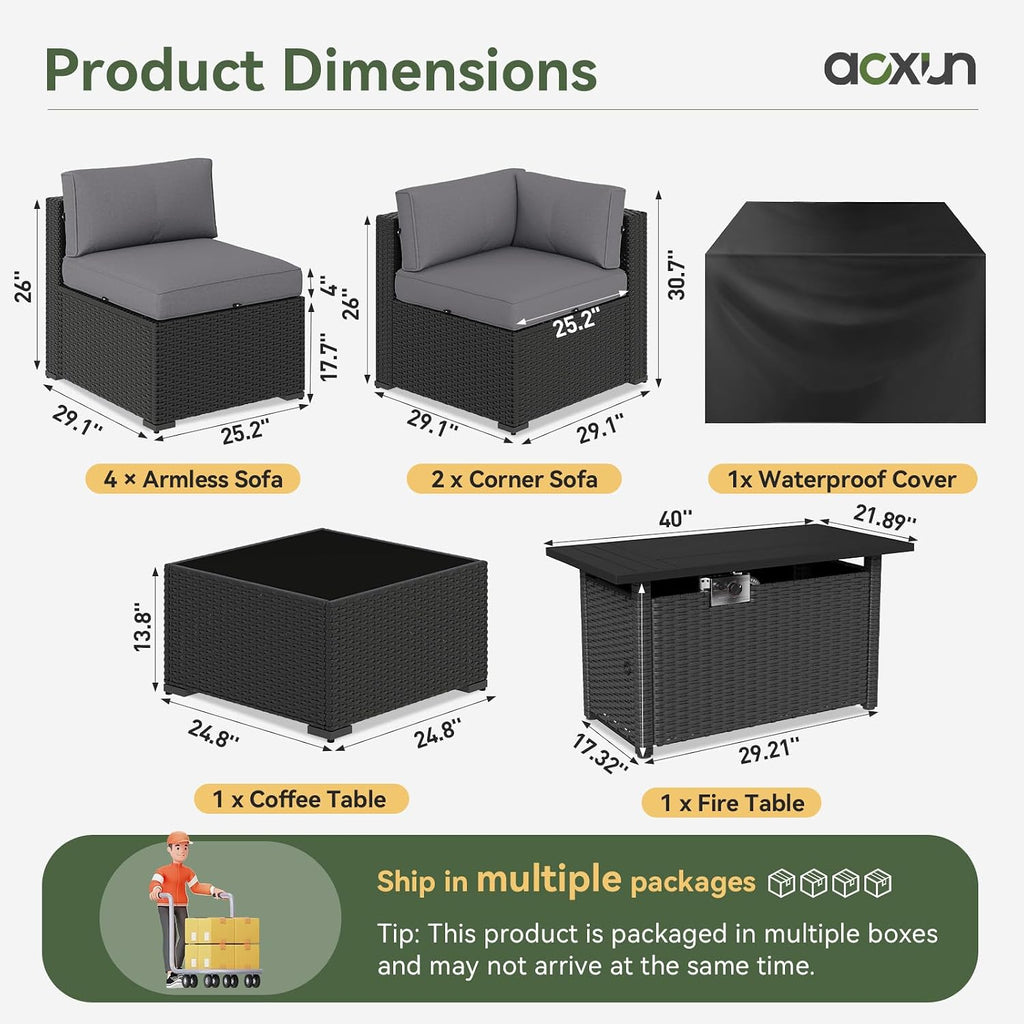 Aoxun 8 Piece Patio Furniture Set with 44' Fire Pit Table Wicker Rattan Sectional Sofa Outdoor Seating with Thickened Cushion, Grey