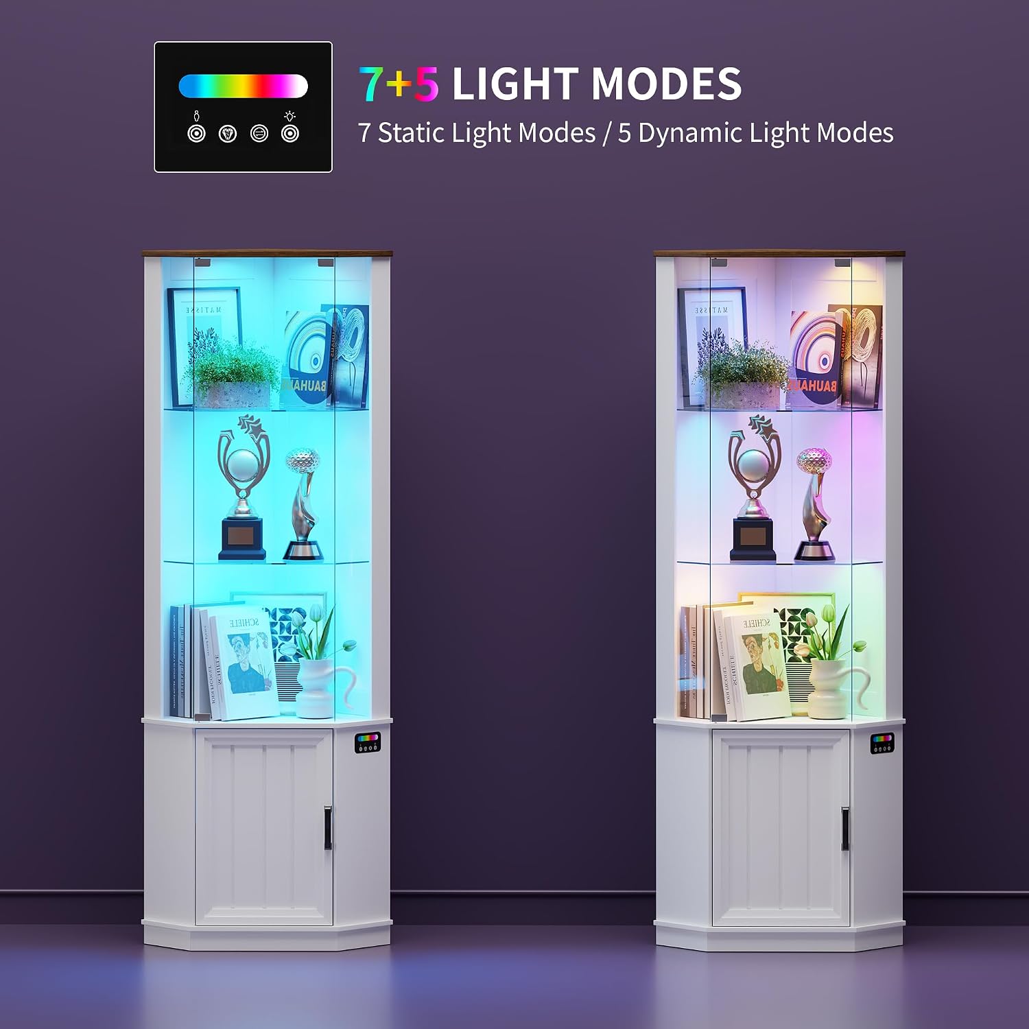 HNEBC 69' Tall Curio Display Cabinet with Glass Door and Movable Shelves,Corner Bookcase with LED Human Sensor Lights,5-Tier RGB Display Case for Collectibles,Bedroom Living Room