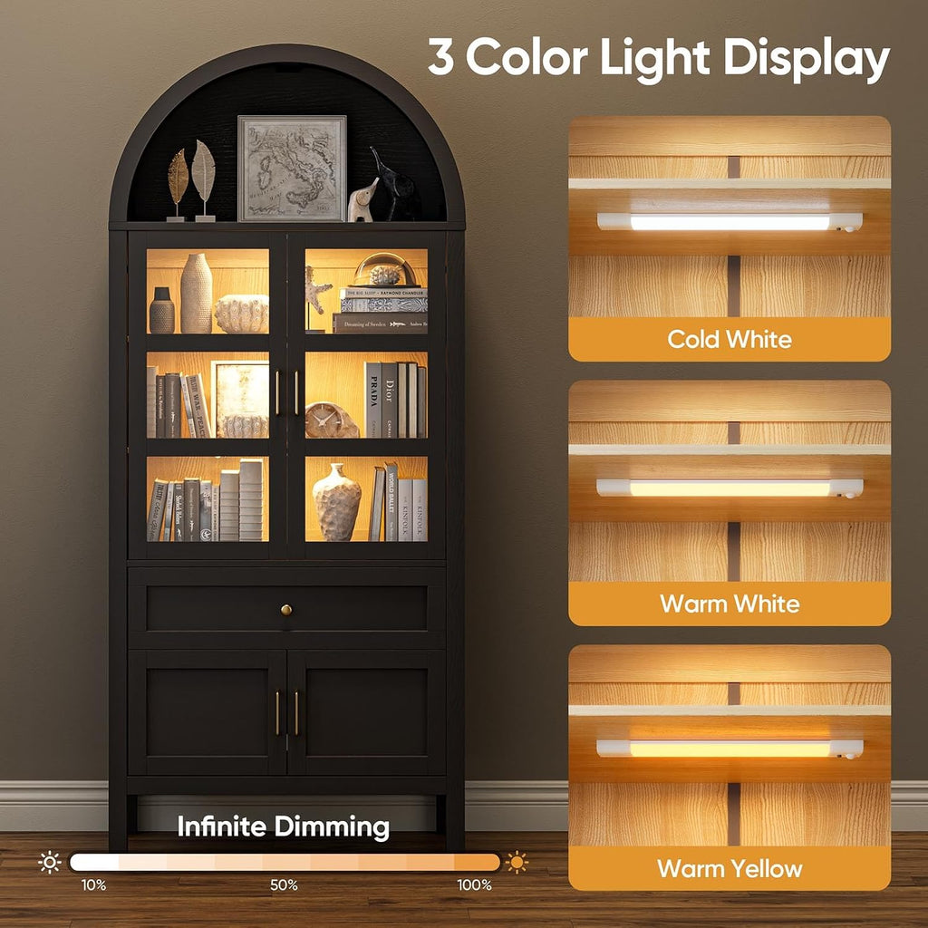 71' Display Arched Storage Cabinet with Glass Doors & Auto Sensor LED Lights, Tall Modern Black Storage Cabinets with Drawers and Adjustable Shelves for Dining Room/Bathroom/Kitchen/Office