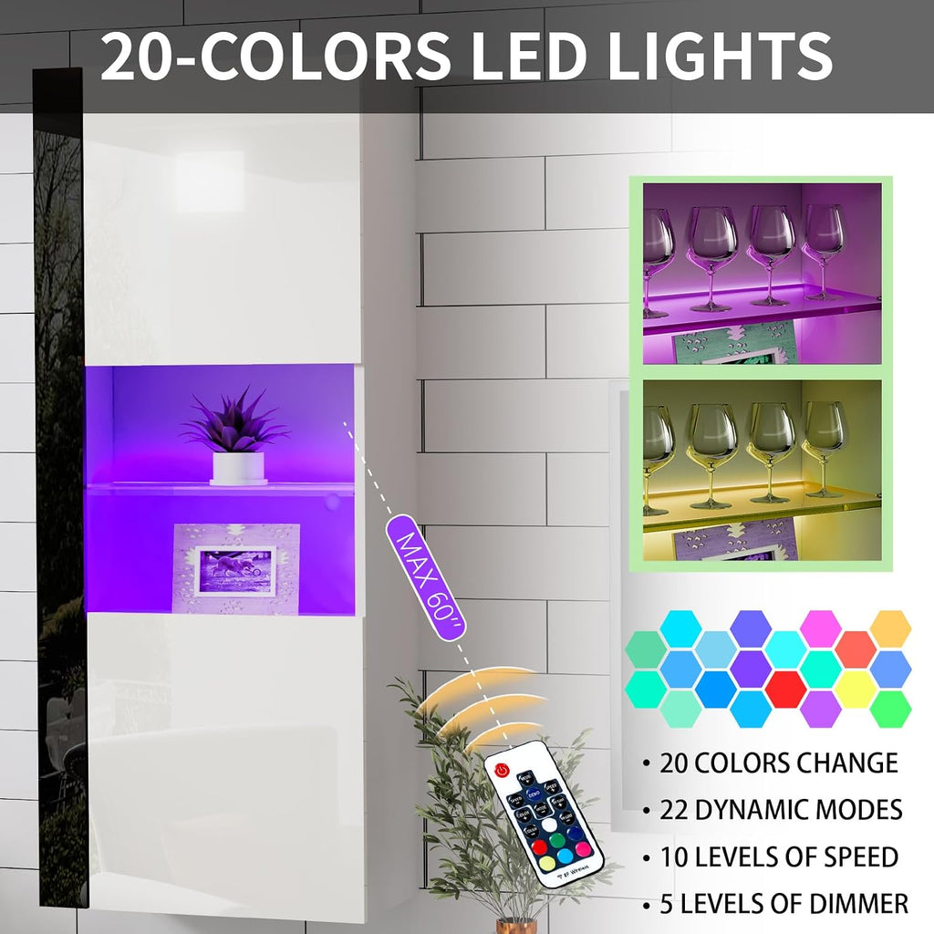 AMERLIFE Wall Storage Cabinets with LED Lights, Modern High Gloss Hanging Cabinets with 4 Closed Doors & Open Glass Shelves, for Living Room/Bedroom/Office, White(Set of 2)