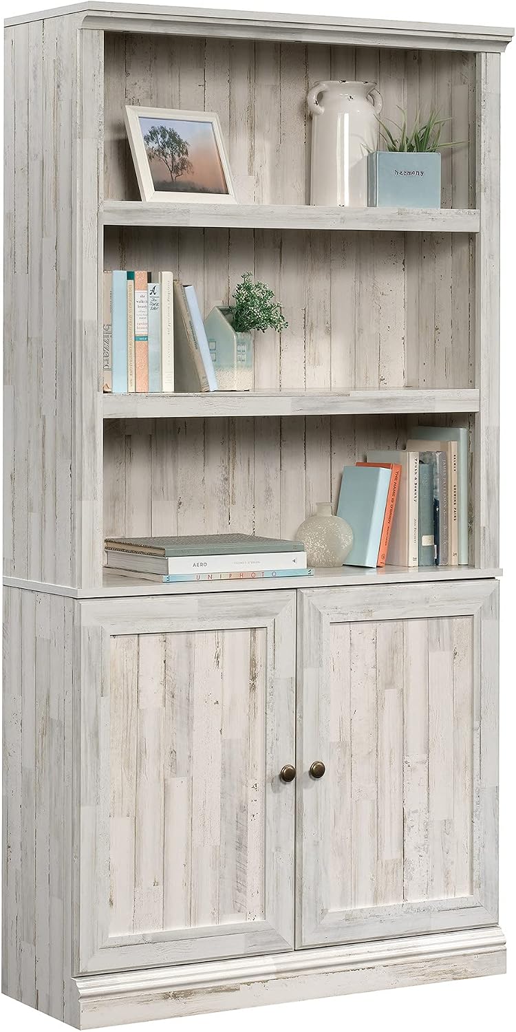 Sauder Select Book Shelf, Bookshelf with Storage, Library Bookcase with Doors and Adjustable Shelves, in White Plank
