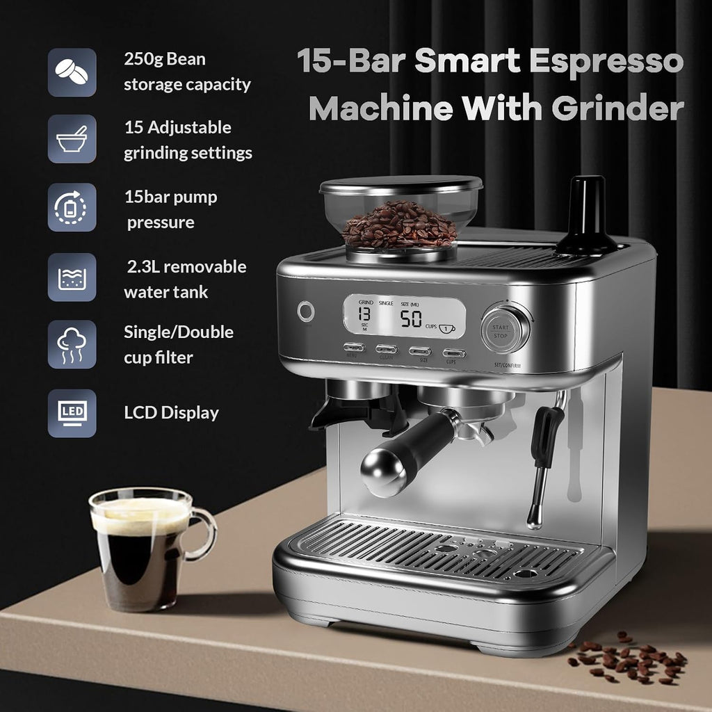 Automatic Espresso Machine With Built-In Grinder, Steam Milk Frother, LCD Display, 78 Oz Removable Water Tank, For Cappuccino And Latte