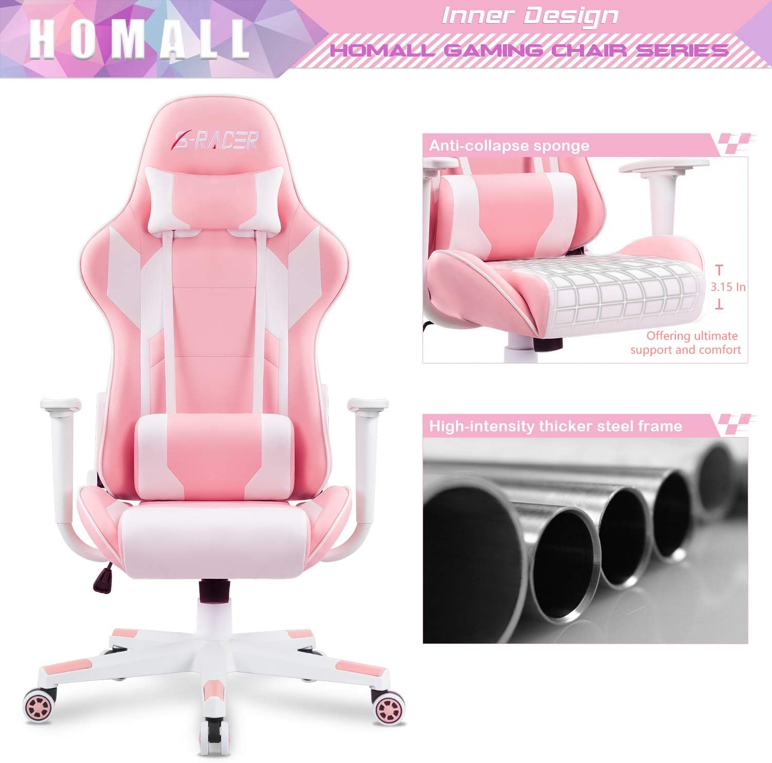 Homall Gaming Chair, Office Chair High Back Computer Chair Leather Desk Chair Racing Executive Ergonomic Adjustable Swivel Task Chair with Headrest and Lumbar Support(Pink)