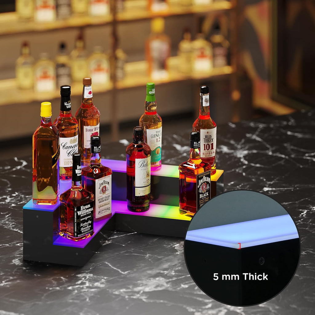 Dethan 2 Tier 20 Inch Liquor Bottle Display Shelf - L-Shape Corner Wine Racks with Multi-Color App & Remote Control, Adjustable Brightness & Sound Modes, Acrylic Bar Shelves for Displays