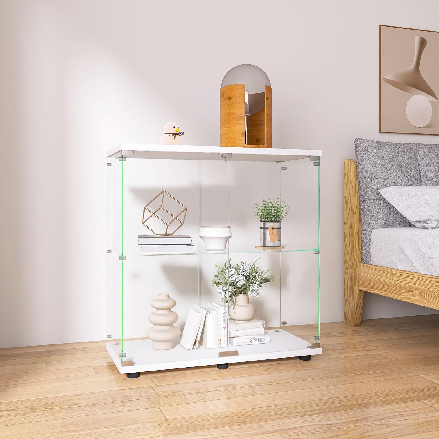 Display Cabinet with Glass Doors, Glass Display Cabinet with Lock, 2-Tier Curio Cabinet&Bookcase for Collectibles, Toys, Books, Glass Storage Cabinet, 32' W x 34' H x 14' D