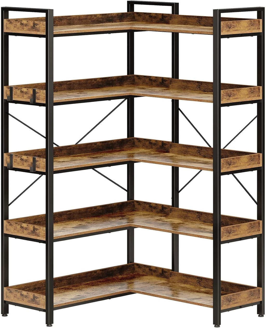 Rolanstar Bookshelf 5 Tier with 4 Hooks, Reversible Corner Bookshelf, 65' Industrial Wooden Bookcase with Open Shelves and Metal Frame for Living Room, Bedroom, Home Office, Rustic Brown