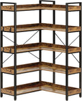 Rolanstar Bookshelf 5 Tier with 4 Hooks, Reversible Corner Bookshelf, 65' Industrial Wooden Bookcase with Open Shelves and Metal Frame for Living Room, Bedroom, Home Office, Rustic Brown