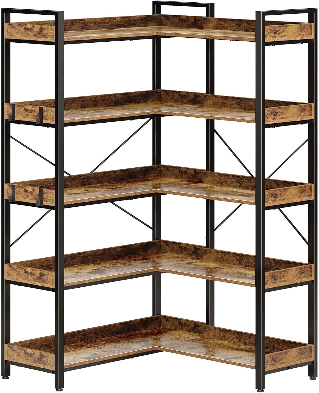 Rolanstar Bookshelf 5 Tier with 4 Hooks, Reversible Corner Bookshelf, 65' Industrial Wooden Bookcase with Open Shelves and Metal Frame for Living Room, Bedroom, Home Office, Rustic Brown