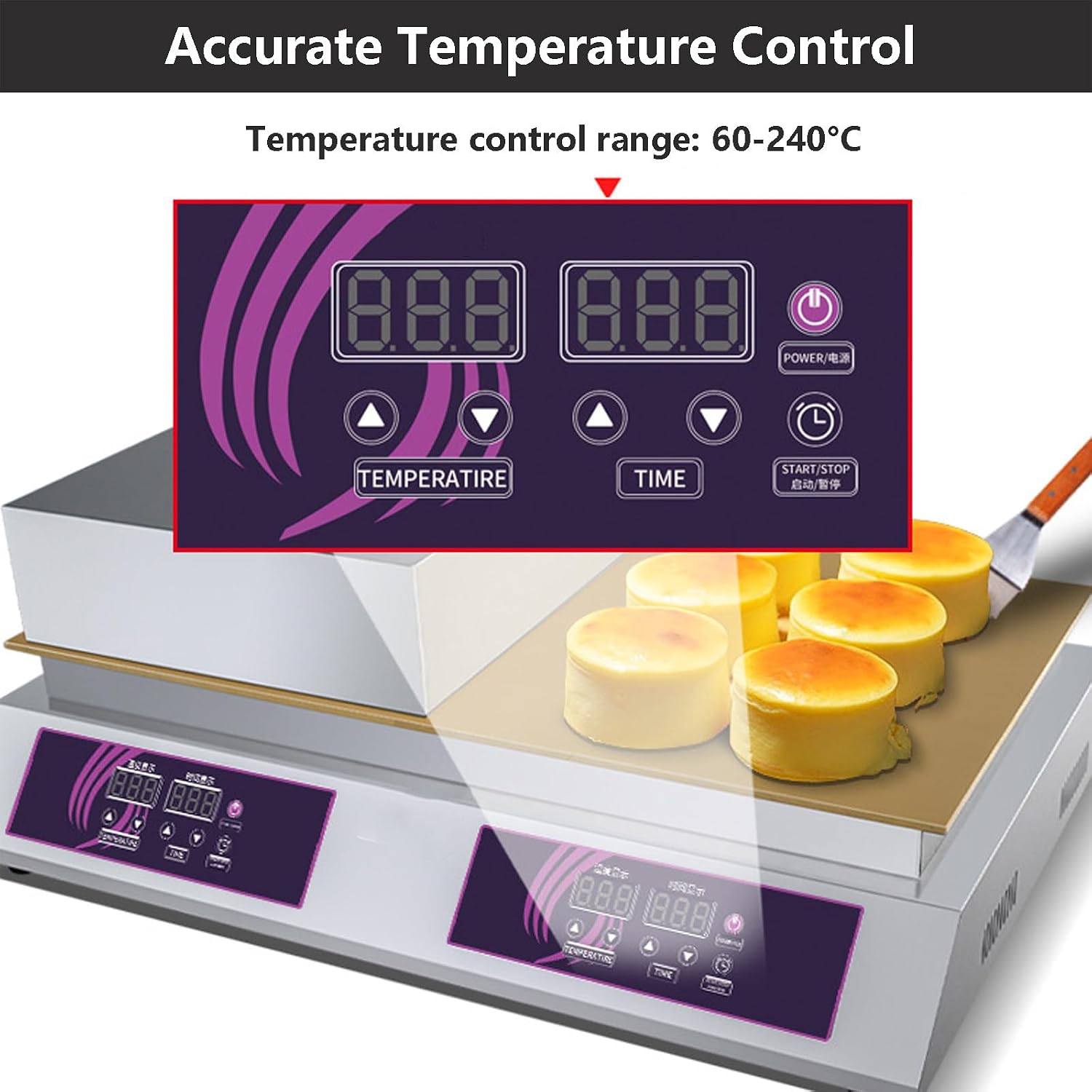 Commercial Electric Griddle Souffle Machine With Lid, Scoop And Gloves, Electric Contact Grill With Temperature Control 60-240℃, Countertop Bread Machine 2600W (Double Cup)