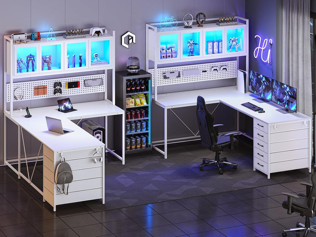 SEDETA L Shaped Gaming Desk with Drawers, L Shaped Computer Desk with Hutch and Storage Shelves, Gaming Desk with Pegboard, Led Lights, and Power Outlet, Home Office Desk, Corner Desk, White