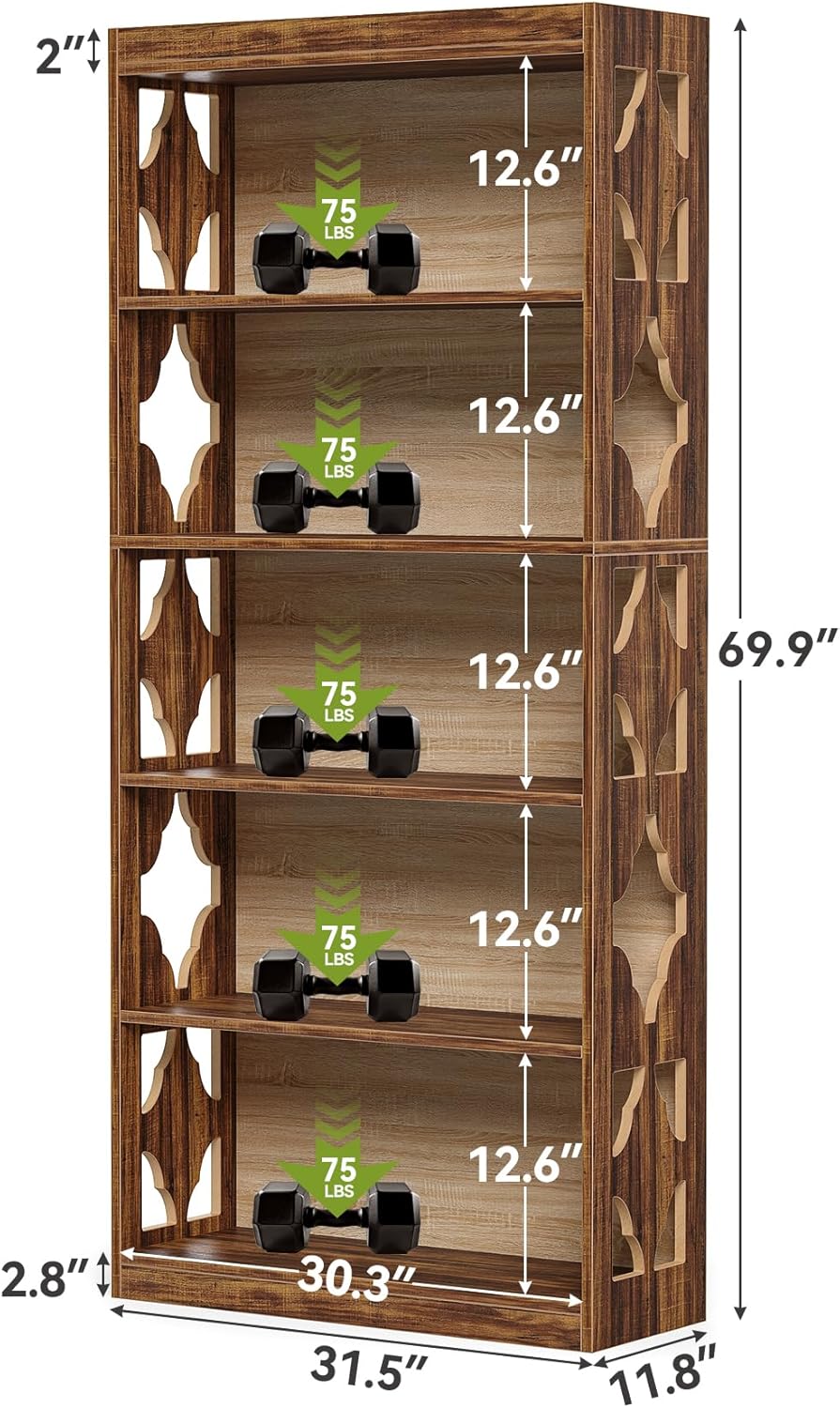 LITTLE TREE 69.9' Vintage Bookshelf, 5-Tier Tall Bookshelves, Cutout Design Vertical Bookcase, Freestanding Storage Display Shelf for Living Room, Bedroom, Study, Office, 1 Pack