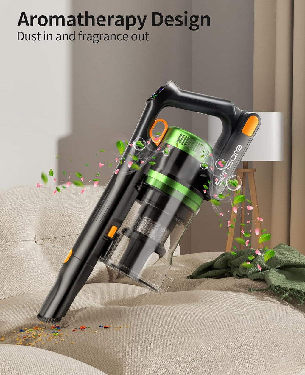 SunSare Cordless Vacuum Cleaner, 55KPa 650W 70Mins Vacuum Cleaner for Home, V-Anti-Tangle Stick Vacuum with Scented Tablet, Upgraded dust Emptying Cup, Vacuum Cordless for Pet Hair/Carpet/Floors