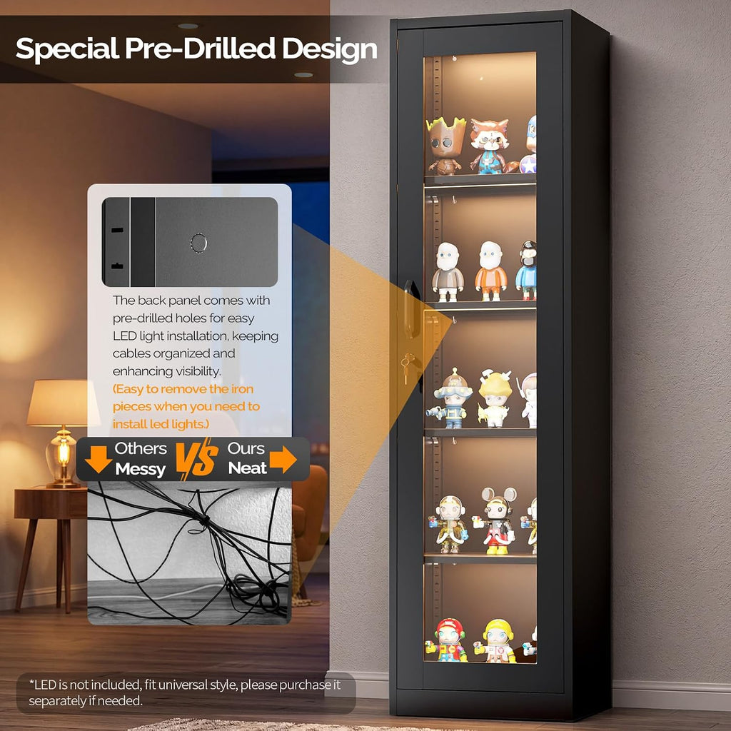 VINGLI Lockable Display Cabinet with Glass Door & 4 Adjustable Shelves, 65' Tall Metal Storage Cabinet Curio Liquor, Bookshelf Bookcase for Home Office Living Room Pantry Garage (Black)