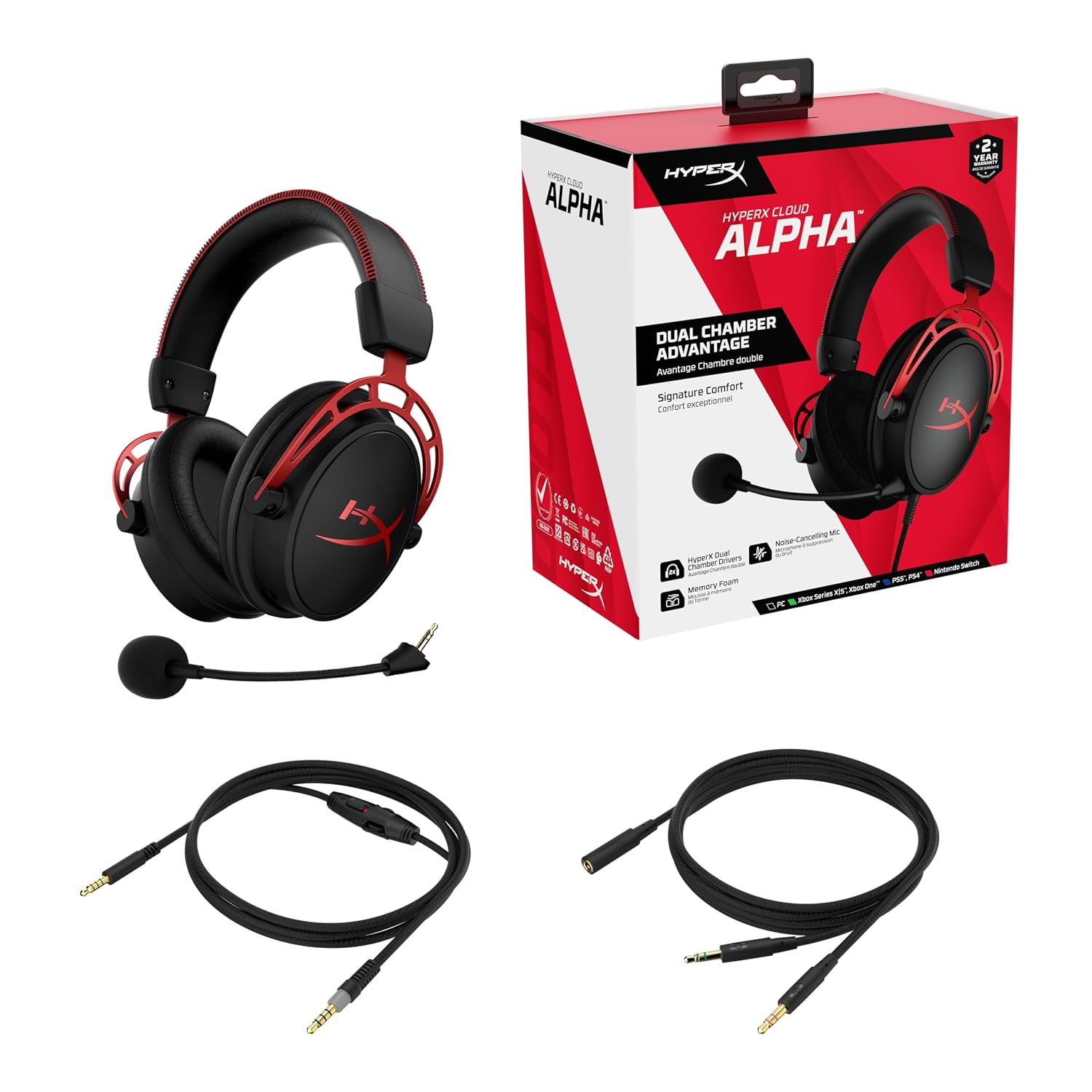 HyperX Cloud Alpha - Gaming Headset,Dual Chamber Drivers,Legendary Comfort,Aluminum Frame,Detachable Microphone,Works on PC,PS4,PS5,Xbox One/Series X|S,Nintendo Switch and Mobile – Red,(Pack of 10)