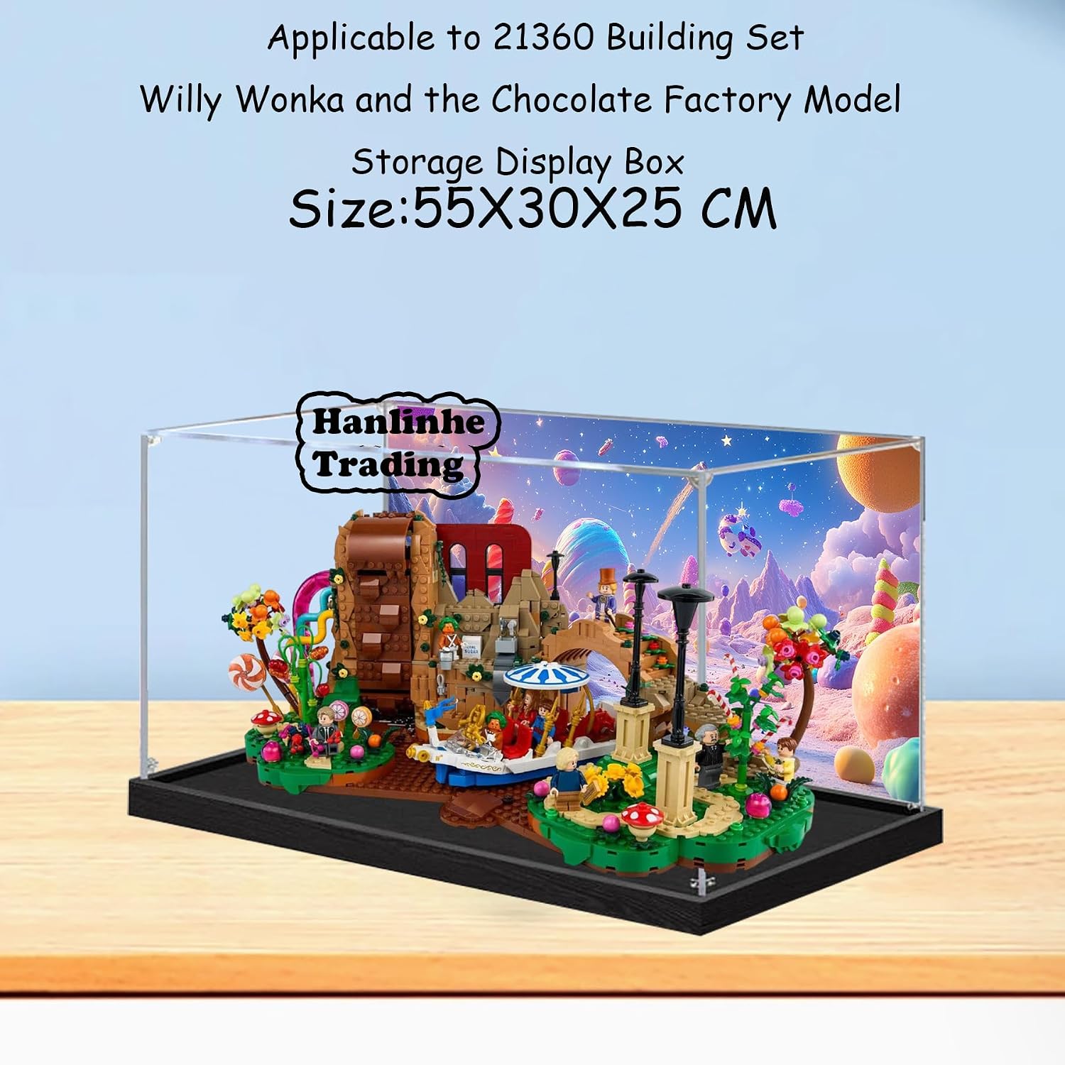 Acrylic Display Case for Lego 21360 Chocolate Factory Building Set– Dustproof Display Box & Showcase, Display Box Compatible with Lego 21360 -Only Display case (Back Spray Black Base)