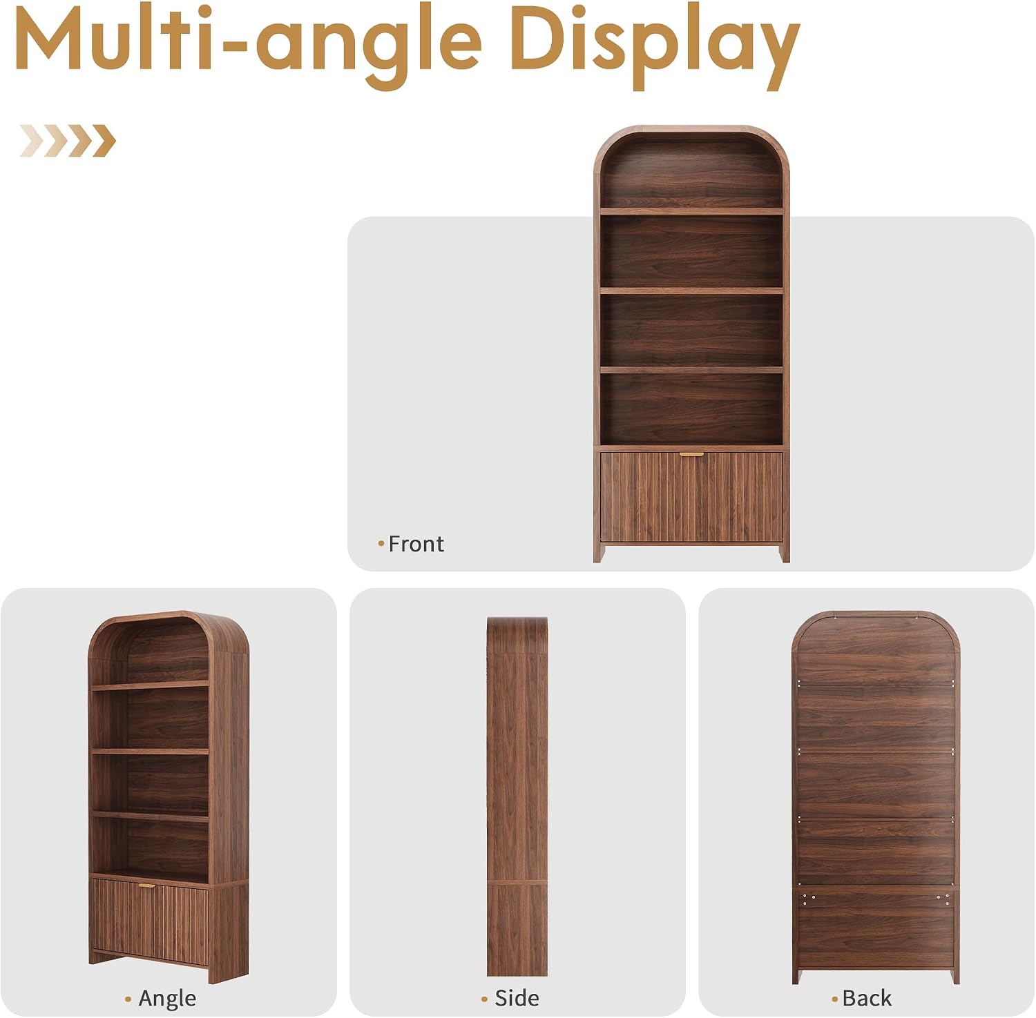 LEVNARY Arched Bookcase with Drawer, 70' Tall 5-Tier Bookshelf with Fluted Carved Drawer, Freestanding Display Storage Cabinet for Living Room Bedroom Home Office (Walnut)
