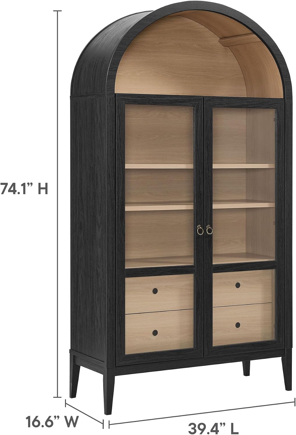 Modway Nolan Tall Arched Storage Display Cabinet in Black Oak - 74 Inch Arch Bookshelf with Glass Doors, Shelves and Drawers - Modern Accent Cabinet for Living Room, Dining Room