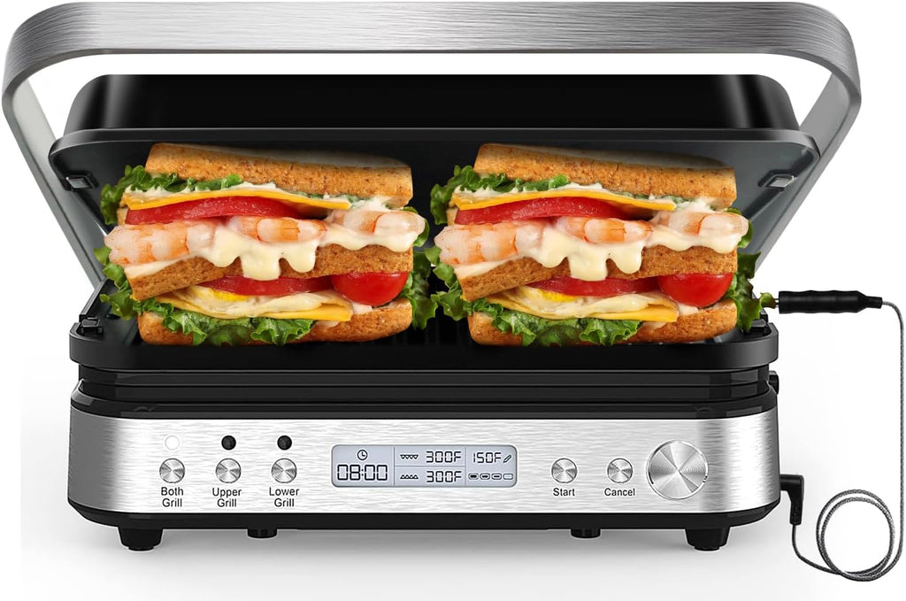 CATTLEMAN Panini Press Grill Sandwich Maker with Removable Plates, 1600W, 5 in 1 Smokeless Indoor Grill & Griddle with Meat Thermometer, Electric Contact Grills for Kitchen, Stainless Steel