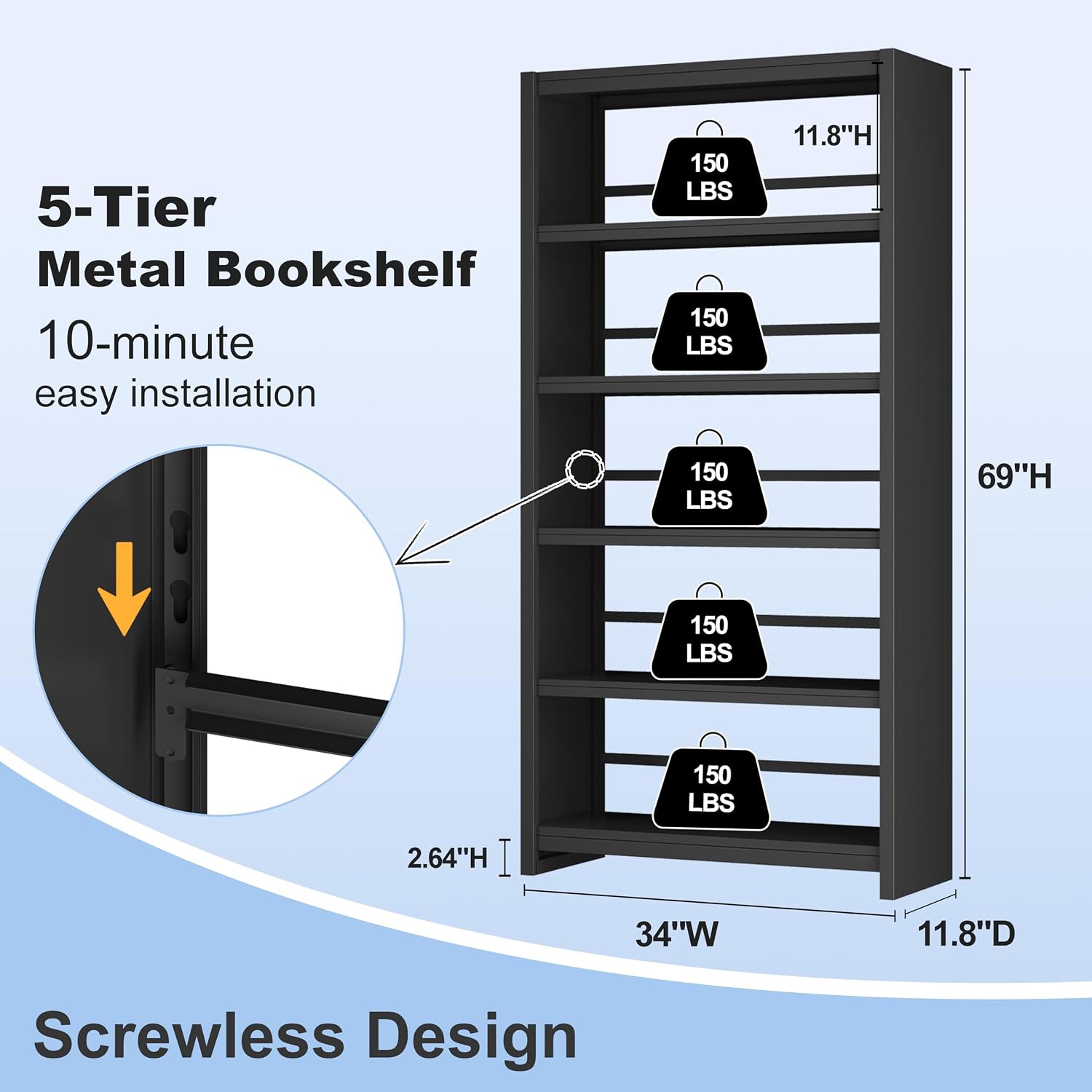 5 Tier Metal Bookshelf, Black 69' Tall Bookcase, Large Heavy Duty Book Shelves, Industrial Wide Book Shelves, Display Storage Shelves for Library Bedroom Living Room Office