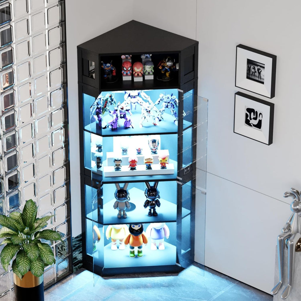 Corner Display Cabinet with Glass Doors, 71' Lighted Curio Cabinet with 3 Color Lights for Collectibles, 5-Tier Display Case with Human Body Sensor for Toys, Books, Black
