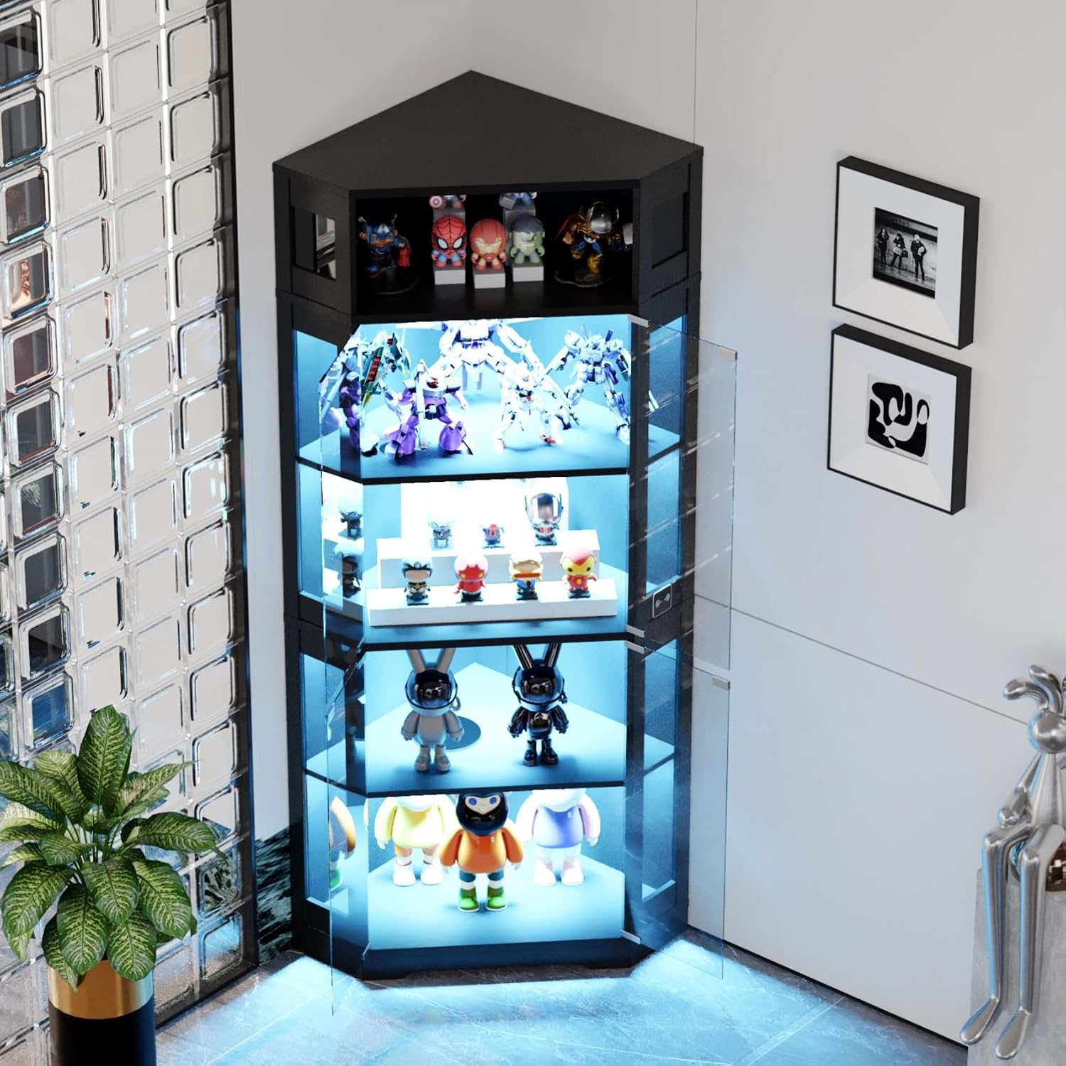 Corner Display Cabinet with Glass Doors, 71' Lighted Curio Cabinet with 3 Color Lights for Collectibles, 5-Tier Display Case with Human Body Sensor for Toys, Books, Black