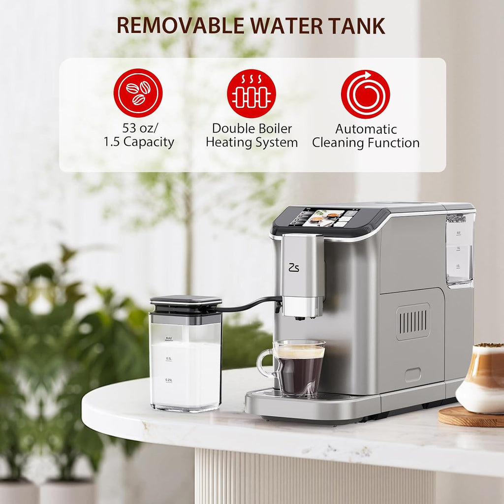 Fully Automatic Espresso Machine with Milk Frother, Built-In & Adjustable Espresso Bean Grinder, 1-15 Adjustable Grind Size Levels, 1.5L Water Tank, Auto-Cleaning, Cappuccino & Latte Machine for Home