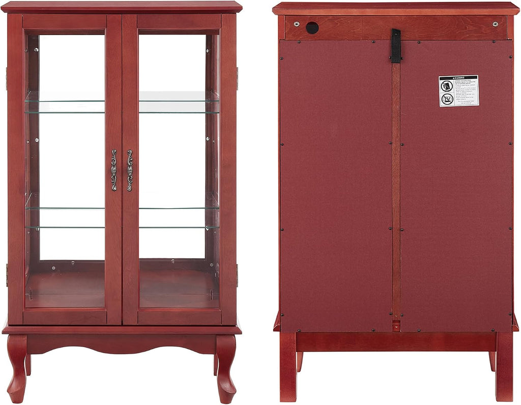 43' H Lighted Curio Cabinet Display Case with Light Bulb, Glass Curio Cabinet with Adjustable Shelves & Tempered Glass Door, Wooden Cabinets w/Mirrored Back Pane for Living Room(Cherry)
