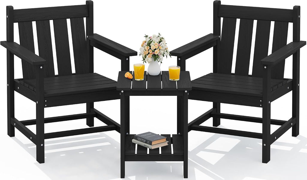 SEWRWALL 3 Pieces Patio Bistro Set, All Weather Adirondack Chair Set with Side Table, HDPE Material Outdoor Patio Furniture Set for Balcony, Porch, Garden, Backyard- Black