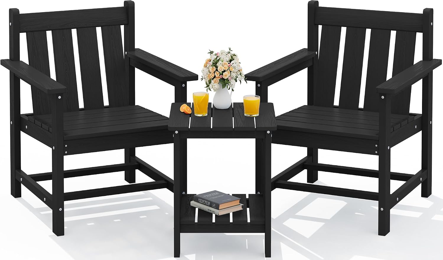 SEWRWALL 3 Pieces Patio Bistro Set, All Weather Adirondack Chair Set with Side Table, HDPE Material Outdoor Patio Furniture Set for Balcony, Porch, Garden, Backyard- Black