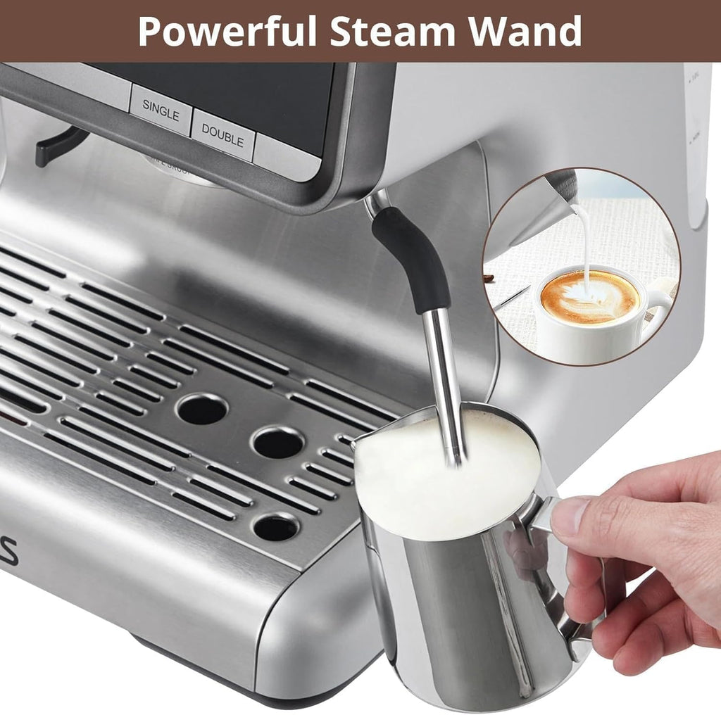 Espresso Machine with Grinder & Milk Frother - 20 Bar Professional Coffee Maker with 95 oz Removable Water Tank for Home Brewing Lattes and Cappuccinos - Stainless Steel
