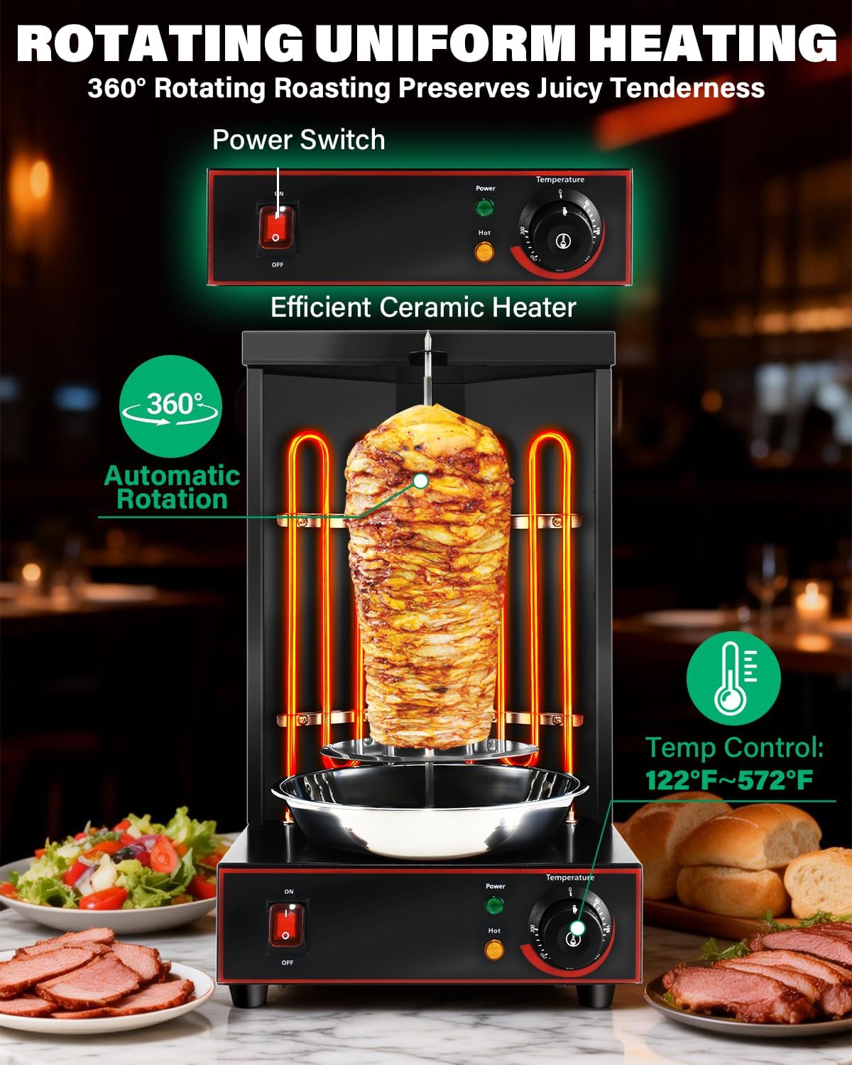 Electric Shawarma Grill Machine Countertop Rotisserie Turkey Maker Vertical Barbecue Oven with Temperature Control for Commercial/Household 122℉-572℉ 110V Black