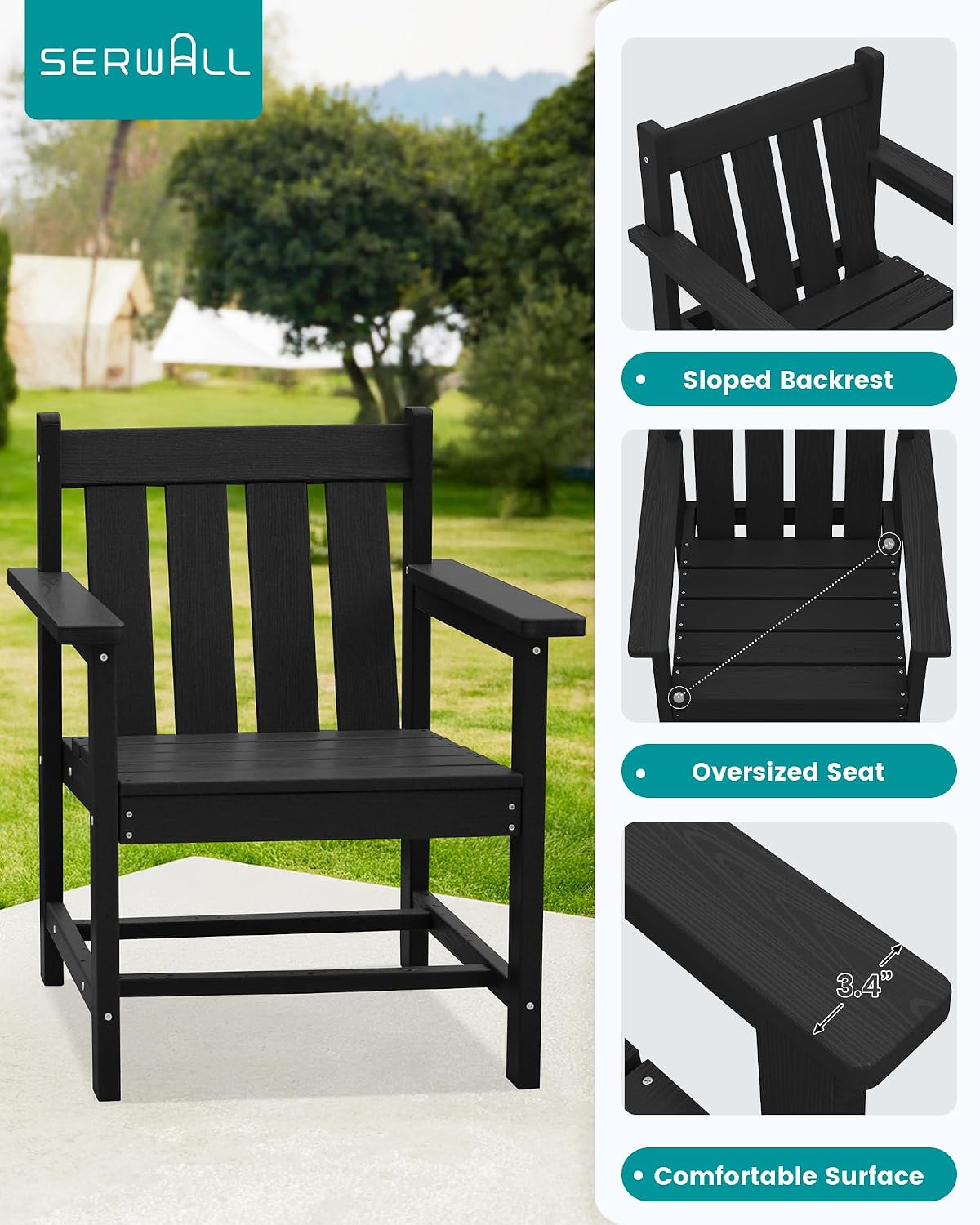 SEWRWALL 3 Pieces Patio Bistro Set, All Weather Adirondack Chair Set with Side Table, HDPE Material Outdoor Patio Furniture Set for Balcony, Porch, Garden, Backyard- Black
