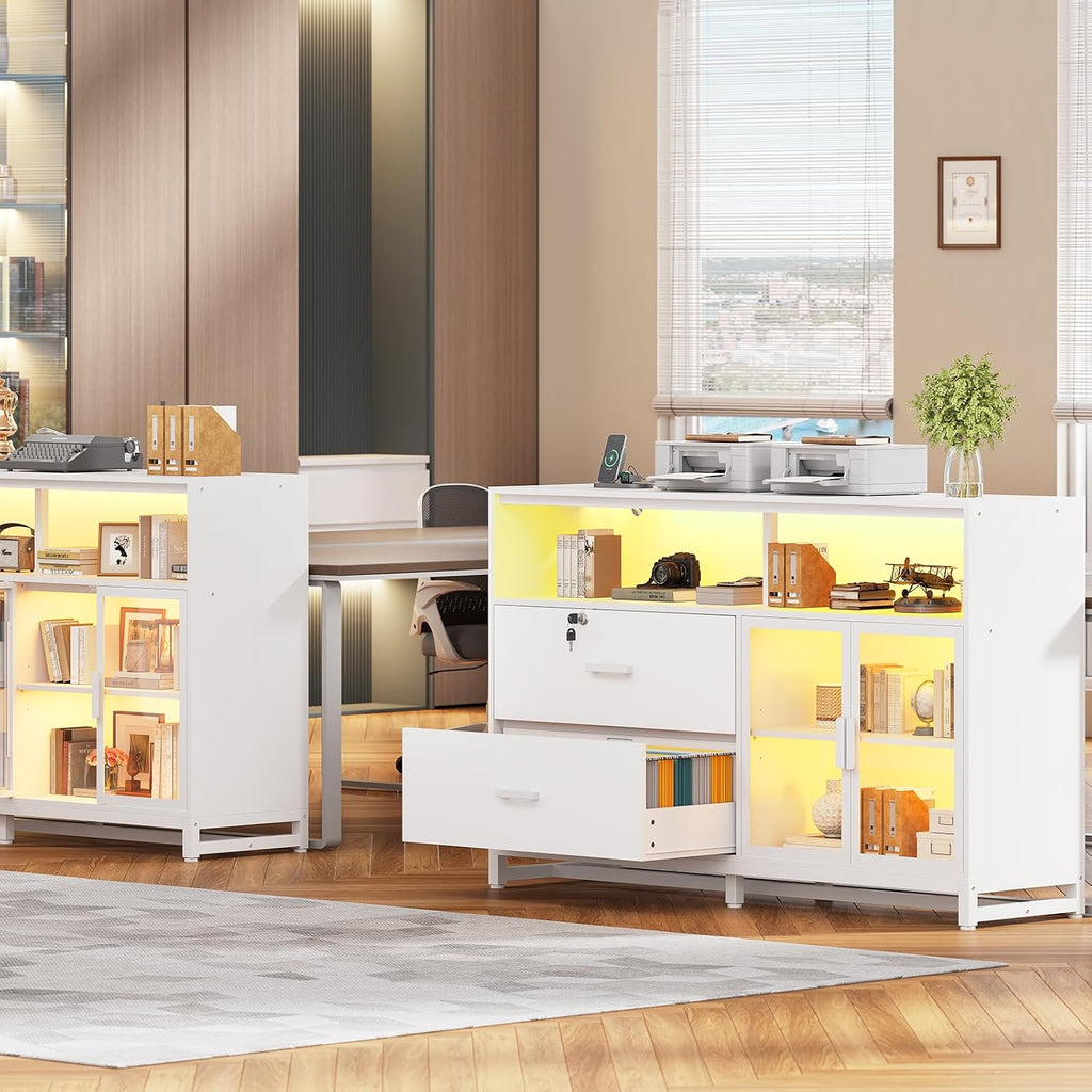 SEDETA 59' File Cabinet, 2 Drawers Filing Cabinets for Home Office fit Legal/Letter/A4 File, File Cabinet with Lock & Power Outlets, Printer Stand with Storage & LED Lights, White